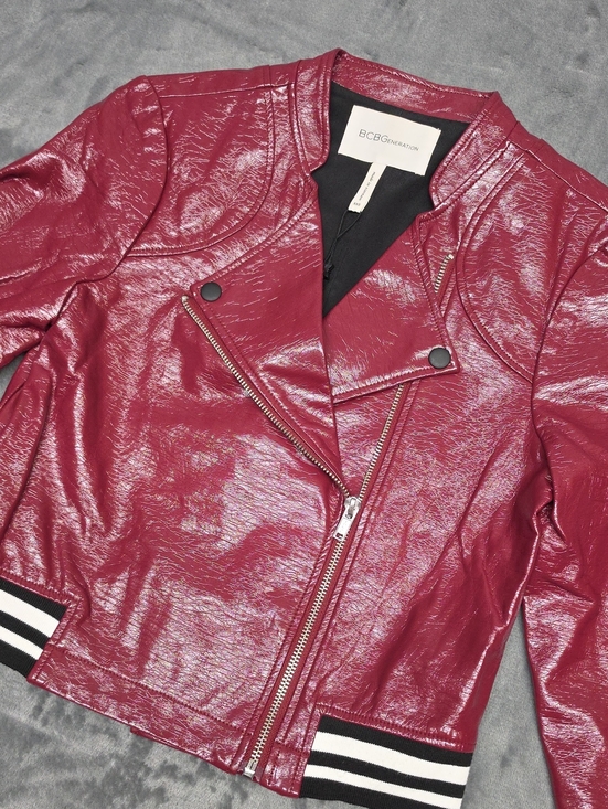 BCBGeneration Jackets & Blazers - BCBGeneration XXS Glossy Burgundy Vegan Leather Bomber Jacket with Striped Cuffs